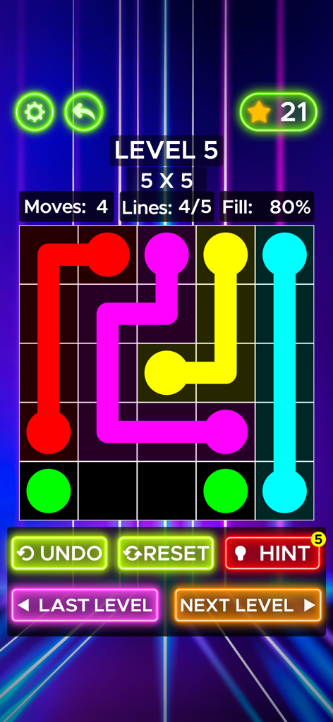 Un puzle de cuadrícula de 5x5 en el juego Connect The Dots que muestra líneas multicolores conectando puntos