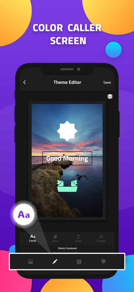 Theme editor interface for personalizing incoming call screens with custom fonts and images.