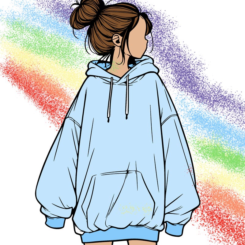 realistic girl with a oversized sweatshirt on and a bun