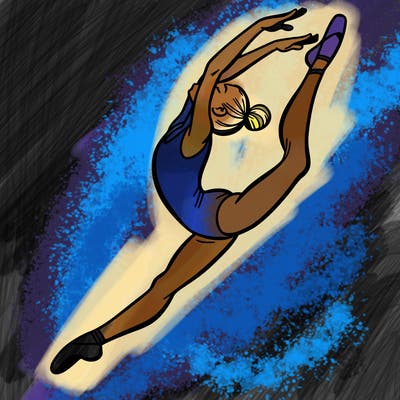 gymnast doing a leap in a leotard with a bent back leg