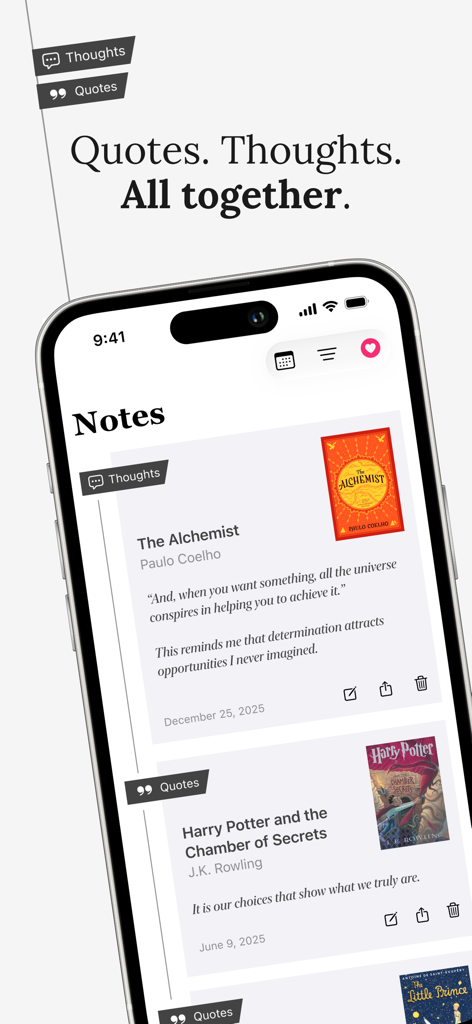 Écran de smartphone affichant des citations de livres sauvegardées et des pensées personnelles dans la bibliothèque de l'application BookMiles.