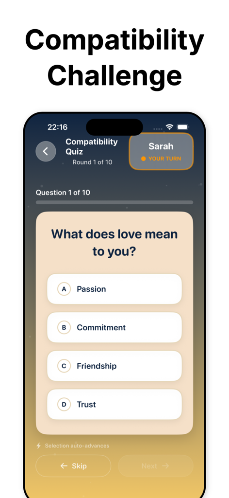 Relationship Game For Couples - Compatibility quiz screen in the Relationship Game app asking what love means to you