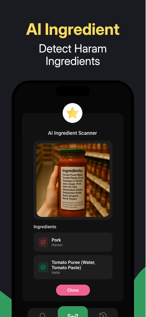 Halal Scanner app interface showing AI analysis of a food label to detect haram and halal ingredients