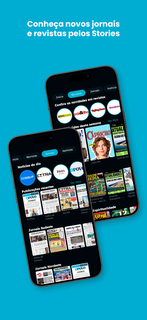 Interface of the Aya Bancah app showing Brazilian newspapers and magazines on a blue background