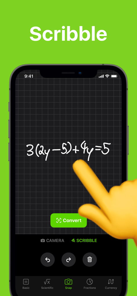 Calculator +ㅤ - Schermata di uno smartphone che mostra la funzione di scrittura a mano di Calcolatrice Plus con un'equazione algebrica scritta a mano su uno sfondo a griglia.