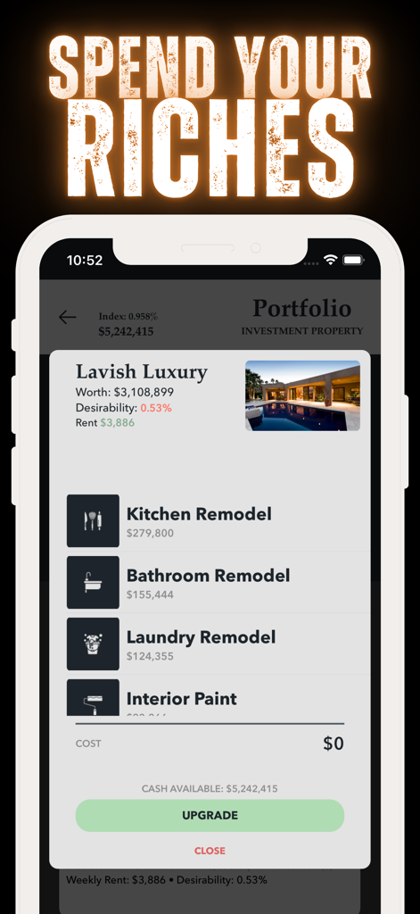 Real estate investment and property renovation screen in Life Simulator Podcast Star