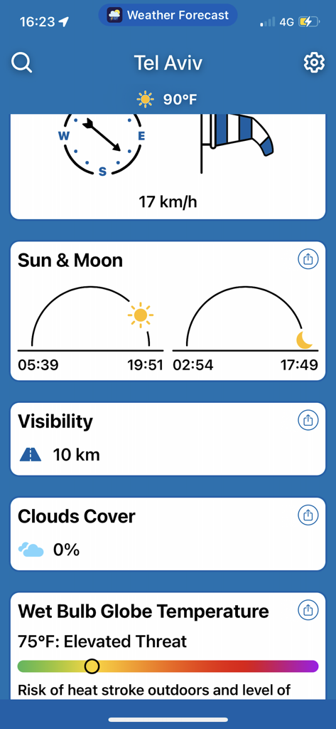 Weather Forecast by Climacam - Minimalist weather app interface showing temperature wind speed and sunrise times for Tel Aviv