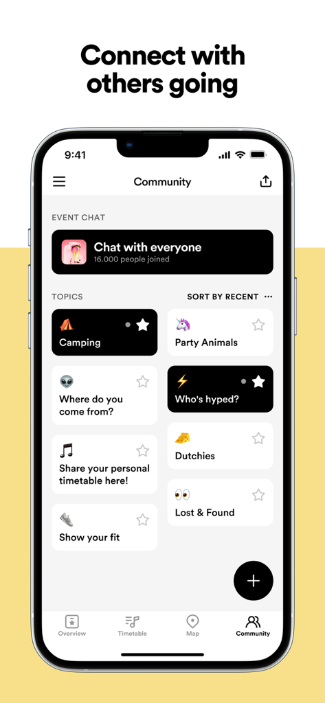 Woov - Your Festival Companion - Woov app community interface showing event chat topics like camping party animals and lost and found
