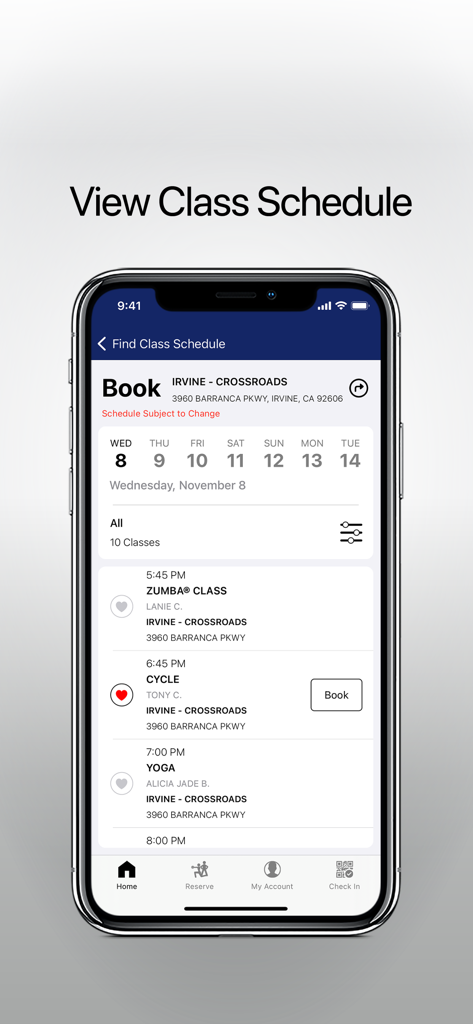 LA Fitness mobile app interface showing fitness class schedule and booking options