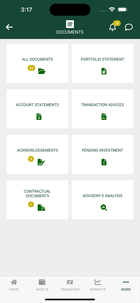 Interface da aplicação UBP Mobile mostrando a secção de documentos seguros com opções de extratos de portfólio e conta