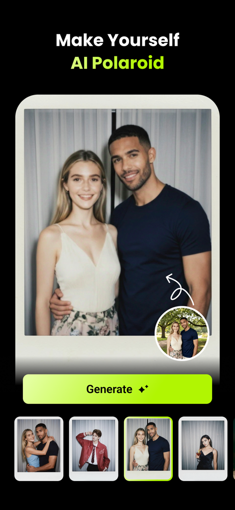 LumixAI: Turn Pic to Hot Video - LumixAI mobile app interface for creating AI-generated Polaroid photos with a generate button