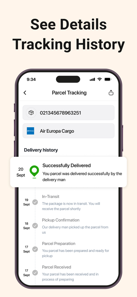 Package Tracker Parcel Tracker - A mobile screen showing the detailed tracking history and delivery timeline of a parcel