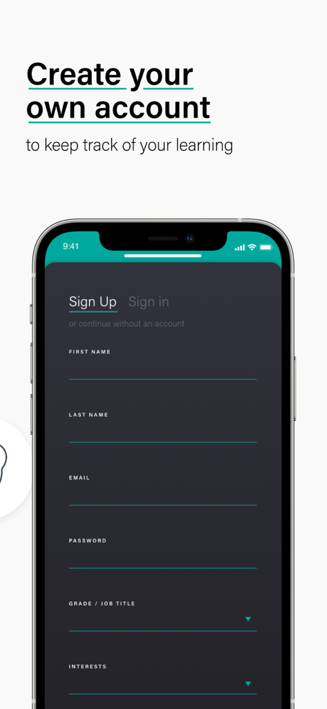 Sign up screen for the TeachMe Anatomy app to create a student account and track progress