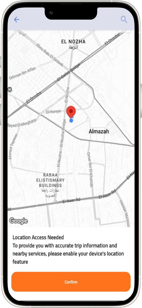 Dog Drive - Interfaz de la aplicación Dog Drive que muestra una solicitud de acceso a la ubicación sobre un mapa de Google