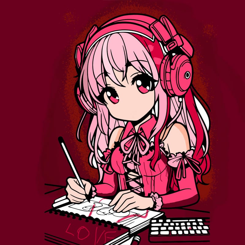 manga girl wearing headphones and drawing in sketchbook