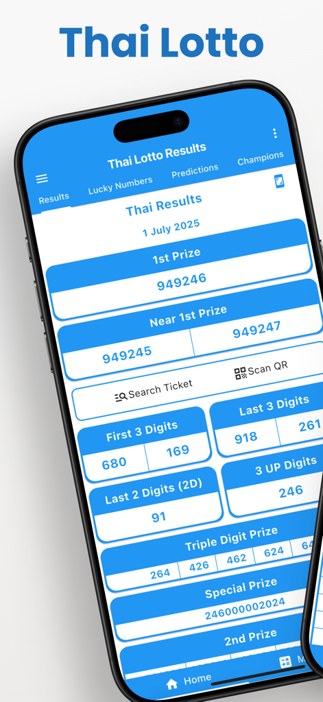 Thai Lotto Results - Tela do aplicativo móvel Thai Lotto Results mostrando o 1º prêmio e os números vencedores 2D e 3UP