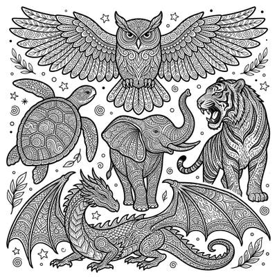 Discover a world of intricate patterns with this Zentangle Digital Wildlife coloring page. Each majestic creature, from wise owls to fierce dragons, is designed to provide hours of meditative coloring enjoyment.