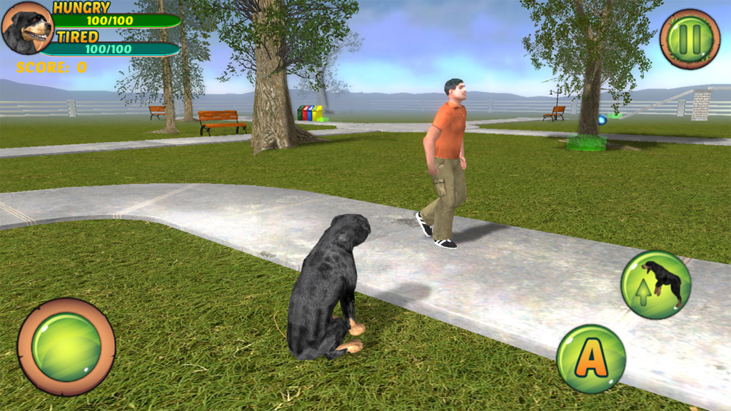 Rottweiler Dog Life Simulator - A Rottweiler dog sitting on a path in a 3D city park simulator game