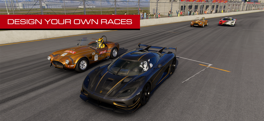 GRID™ Legends: Deluxe Edition - Um hipercarro preto e um carro esportivo vintage correndo em uma pista em GRID Legends