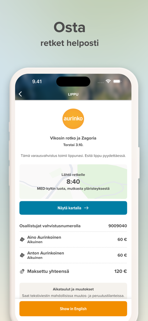 Aurinkomatkat - Digital excursion ticket in the Aurinkomatkat app showing trip details for Vikos Gorge