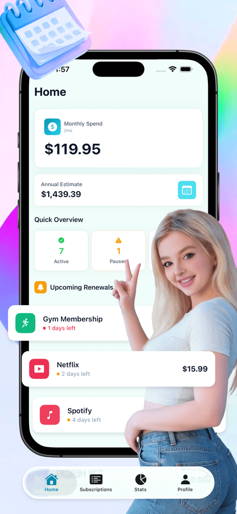 Crado - Crado mobile app home screen showing monthly subscription spend and upcoming renewal reminders