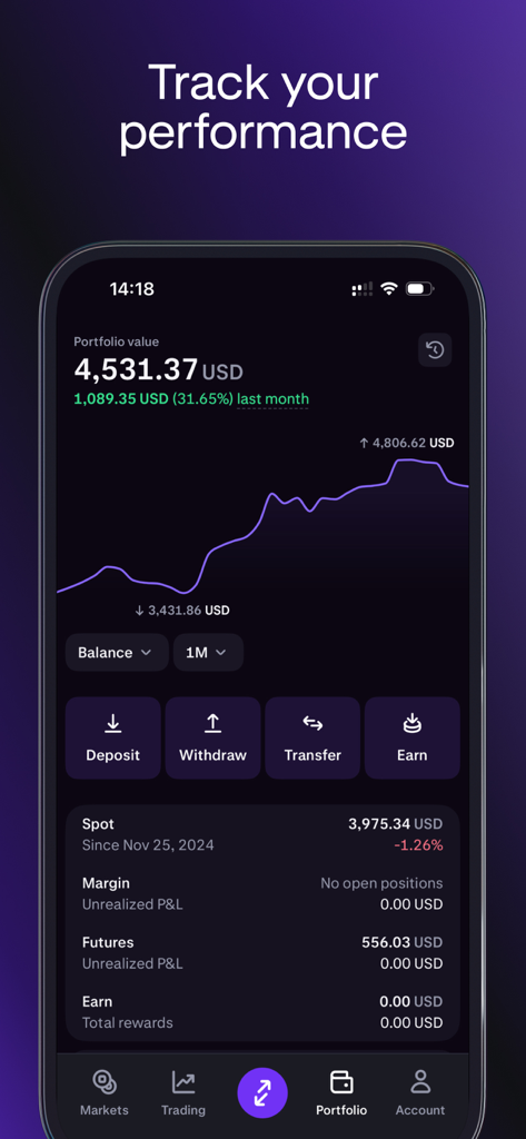 Tableau de bord de l'application Kraken Pro montrant la valeur du portefeuille et le graphique de suivi des performances