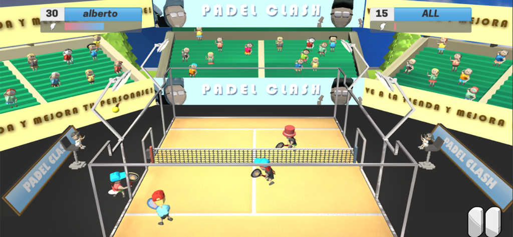 Una escena de jugabilidad 3D de Padel Clash que muestra un partido de dobles en una pista colorida con espectadores
