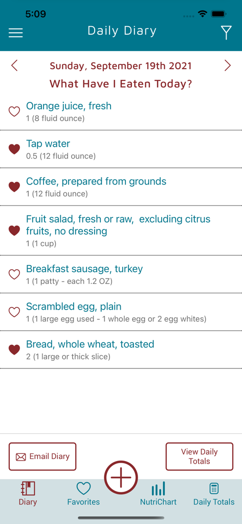 KidneyDiet - Screenshot of the KidneyDiet app showing a food log in the Daily Diary section with breakfast items and nutritional tracking options.