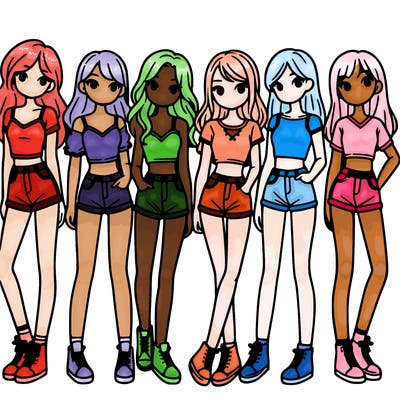 a group of girls wearing crop tops and shorts