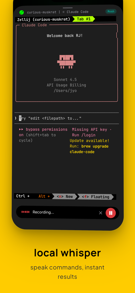 Moshi: SSH & MOSH Terminal - Aplicación de terminal Moshi que muestra la interfaz de grabación de voz Whisper local para comandos de codificación IA manos libres