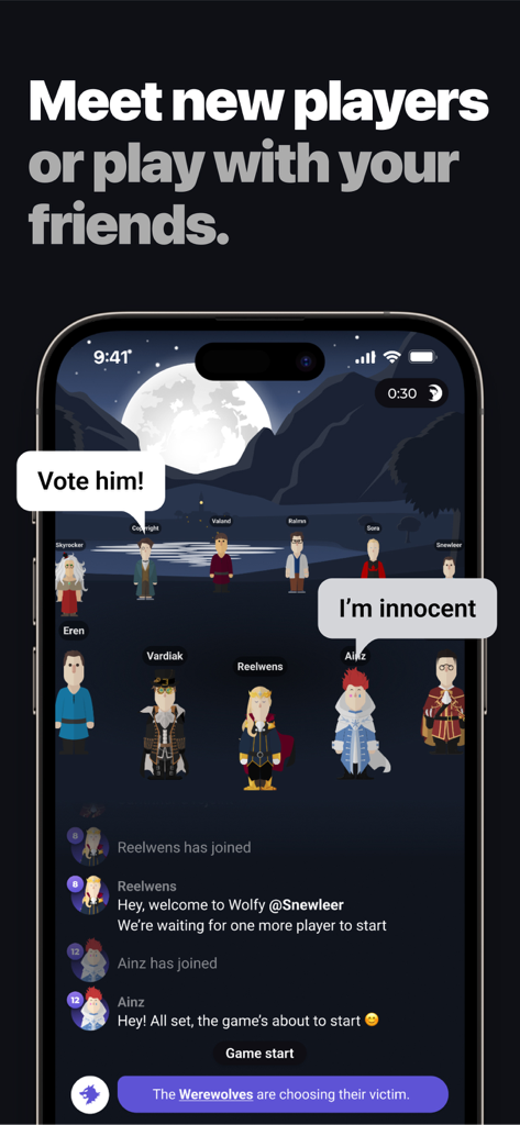 Interface do aplicativo Wolfy mostrando um grupo de jogadores em uma sessão de jogo de dedução social com avatares e um chat ao vivo.