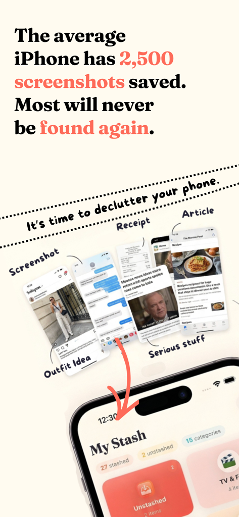 Stash Anything: Save & Sort - Stash Anything app screen showing how to organize screenshots and declutter your phone