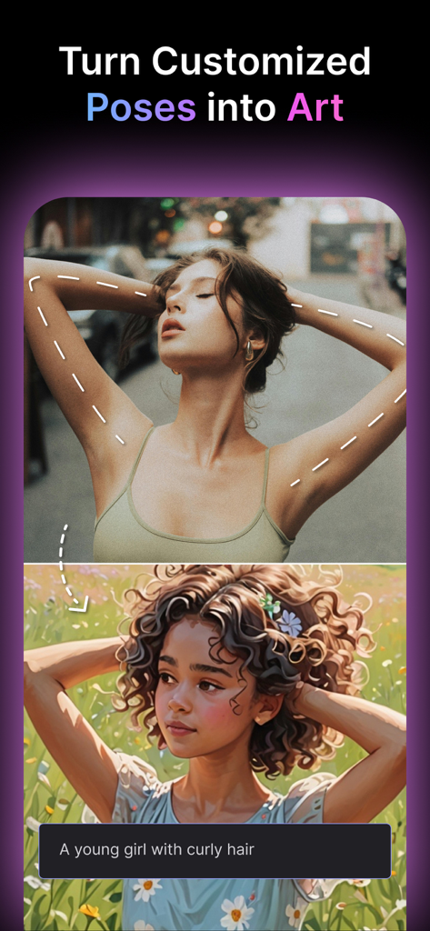 MyEdit: AI Photo Generator - MyEditアプリのスクリーンショット。実際の写真のポーズがAI生成イラストに変換される様子を示しています。