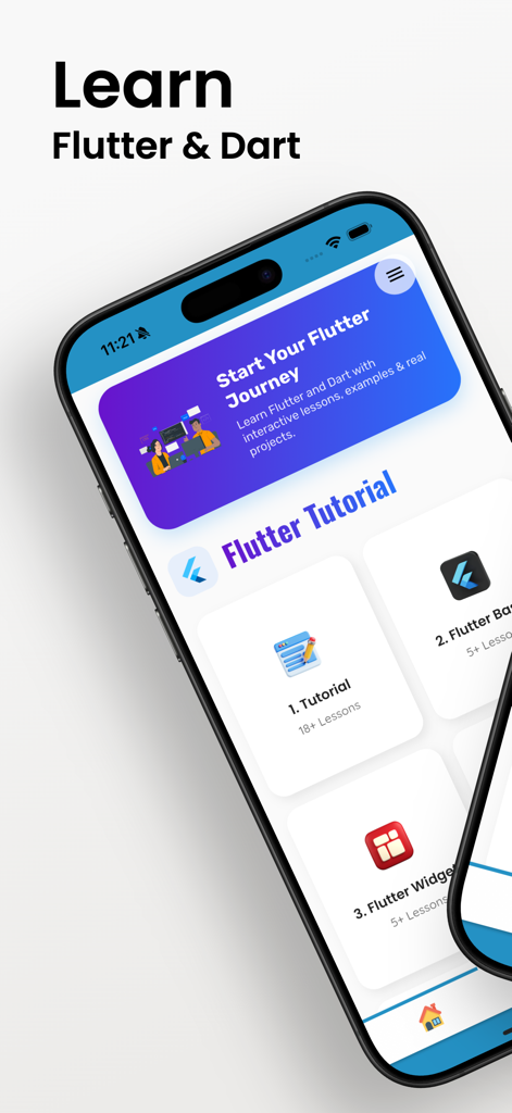 Learn Flutter and Dart - Mobile app interface for Learn Flutter and Dart featuring a list of programming tutorials and lessons.