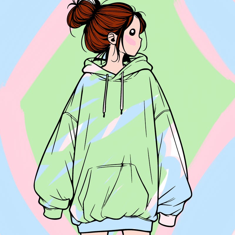 realistic girl with a oversized sweatshirt on and a bun