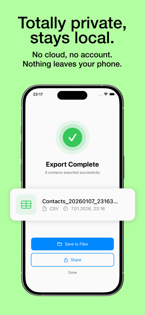 iPhone-Bildschirm, der einen erfolgreichen und privaten Kontaktexport nach CSV anzeigt