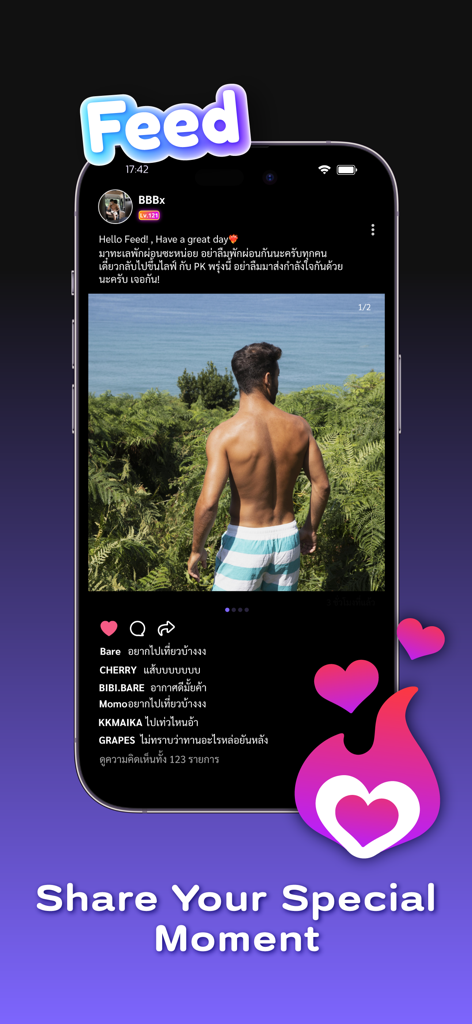 Bare Live app screen showing social feed with photo and comments