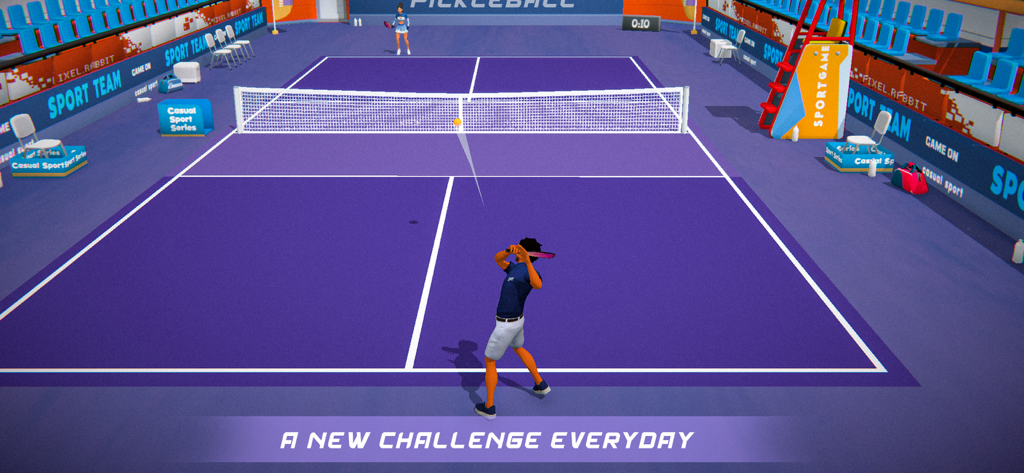 PickleBall 3d - A 3D pickleball match in progress on a vibrant purple court with stadium seating.