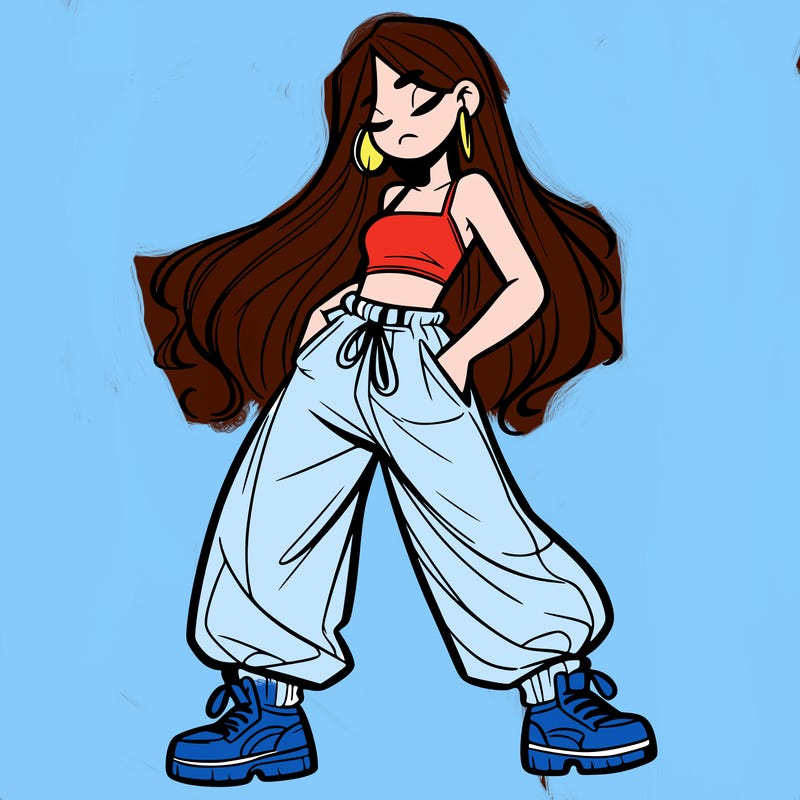 girl in baggy pants crop top and long hair