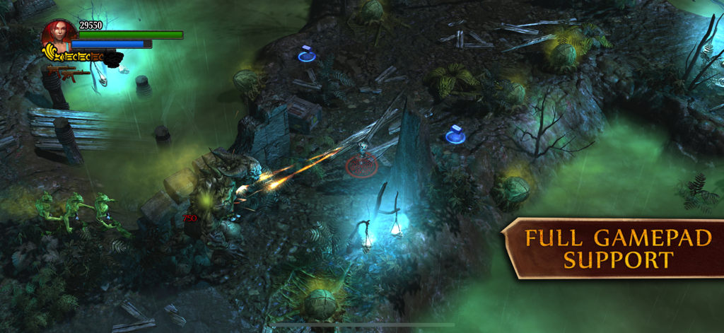 Lara Croft: Guardian of Light - Gameplay screenshot of Lara Croft battling a monster in a dark swamp environment with a full gamepad support banner