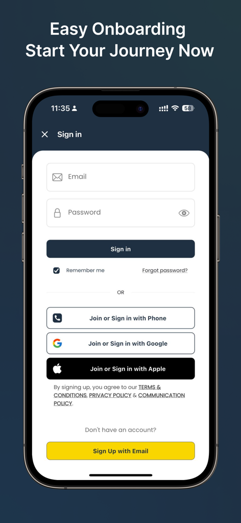 Shpper - Shpper app sign in screen with options for email phone google and apple login