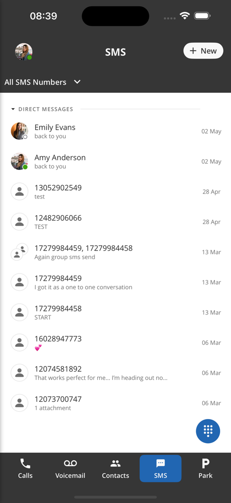 ConnectUC - ConnectUC mobile app showing a list of business SMS conversations and direct messages.