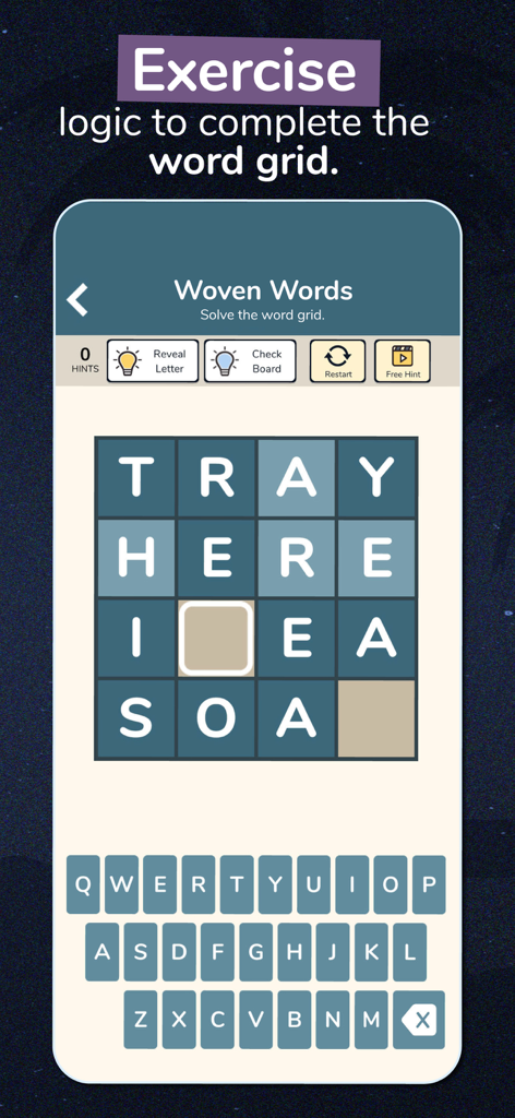 A word grid puzzle in the 7 Little Words and More app where players use logic to complete the words.