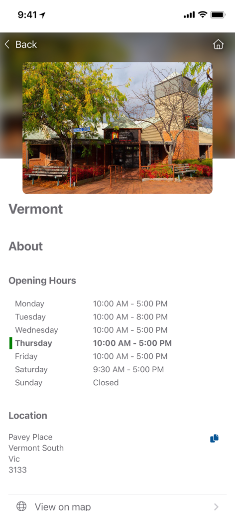 Vermont branch library opening hours and location address in the app