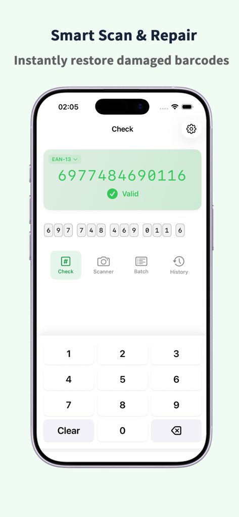 UpCheck Pro: UPC Digit Checker - UpCheck Pro app interface showing a validated EAN-13 barcode and a numeric keypad for manual entry.