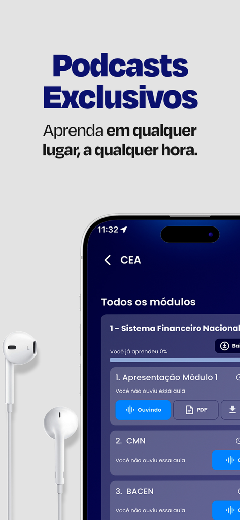 Certificações Edgar Abreu - Interface do aplicativo móvel mostrando audioaulas e podcasts exclusivos de certificação financeira