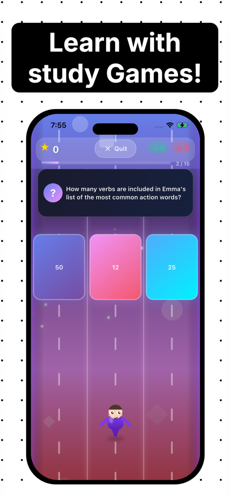AI Note Taker - Cobnote - Cobnote app interface displaying an interactive study game with an AI-generated multiple choice quiz.