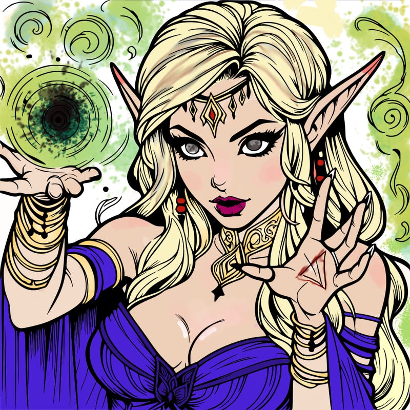 realistic scary beautiful elf sorceress casting spell