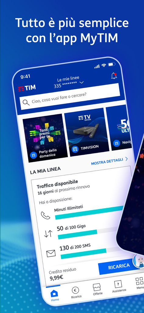 MyTIM app home screen showing mobile line details including available minutes and data usage.
