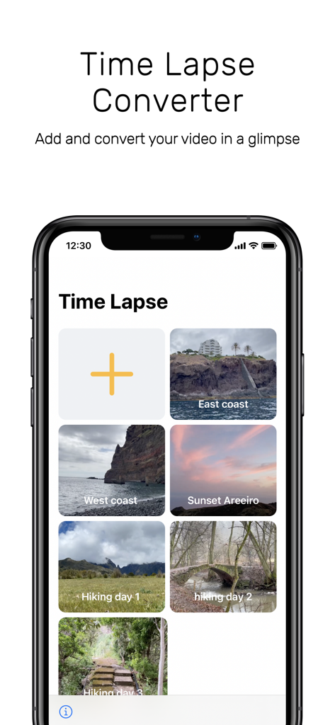Time Lapse video converter - Mobile app interface of Time Lapse video converter showing a video gallery for travel and nature clips